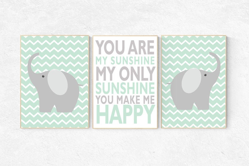 Mint nursery decor, You are my sunshine my only sunshine, mint gray, elephant nursery, kids room decor, mint green nursery decor, playroom