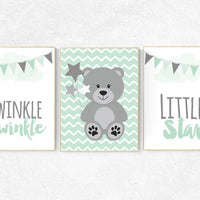 Mint nursery decor, Twinkle Twinkle Little Star, teddy bear nursery, gender neutral baby, Baby Boy Nursery Wall Art, mint gray, mint gray