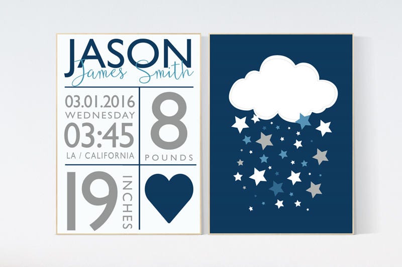 Baby birth stats, birth stats wall art, Navy nursery decor, Navy Gray, royal blue, baby boy nursery,  boys room, navy nursery art