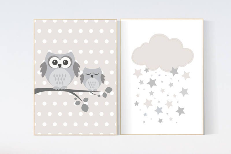 Owl nursery decor, gender neutral nursery, owl decor for nursery, beige and cream, cloud Nursery Decor Gray Beige gender neutral baby shower