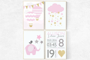 Baby girl nursery, Pink gold nursery, baby birth stats, pink and gold baby shower, birth stats wall art, elephant nursery, hot air balloon