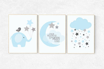 We love you to the moon and stars, nursery, blue gray nursery decor, baby boy nursery, hot air balloon nursery art baby room decor elephant