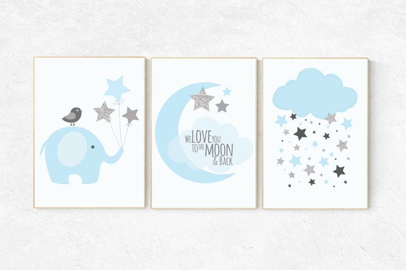 We love you to the moon and stars, nursery, blue gray nursery decor, baby boy nursery, hot air balloon nursery art baby room decor elephant