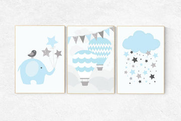Hot air balloon nursery, baby boy nursery, nursery decor boy, cloud nursery, elephant nursery decor, boys room decor, boys room wall art