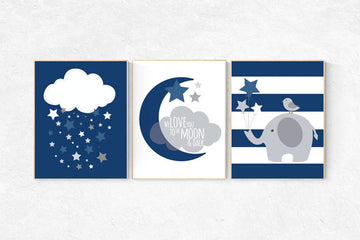 We love you to the moon and back, nursery decor, navy nursery decor, moon nursery, elephant nursery, nursery wall art, baby room decor, navy