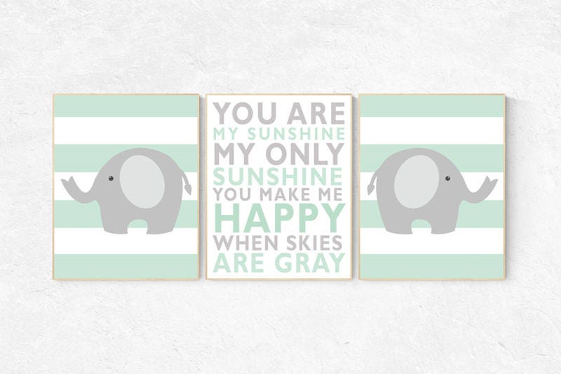 Elephant nursery elephant, Mint nursery decor, You are my sunshine my only sunshine, mint gray, mint green nursery, aqua, turquoise, teal