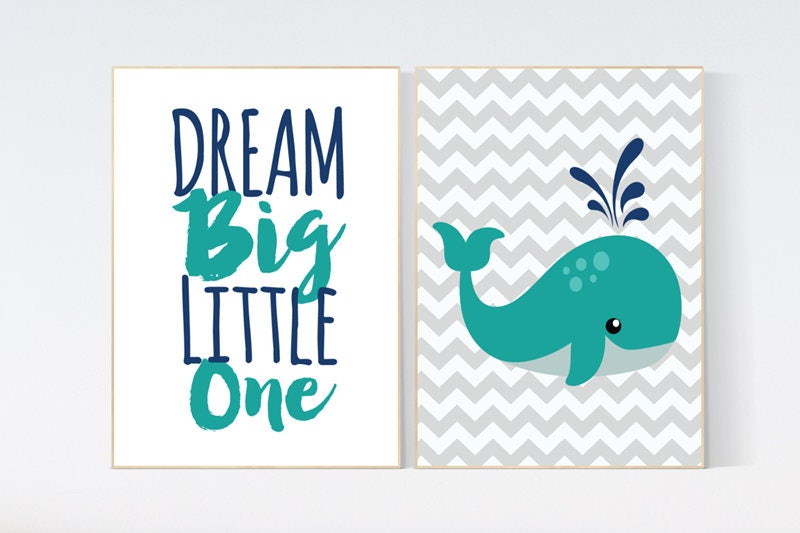 Nautical Nursery Wall Art, whale nursery, dream big little one, Navy Nursery Decor, Navy Nursery decor, teal navy nursery