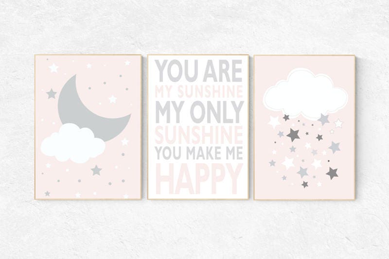 Blush nursery art, you are my sunshine my only sunshine, nursery decor, pale pink, moon nursery, baby girl nursery wall art, pink wall art