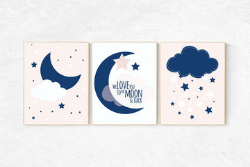 We love you to the moon and back, pink nursery art, star nursery decor, nursery decor, navy pale pink, moon nursery, baby girl nursery wall