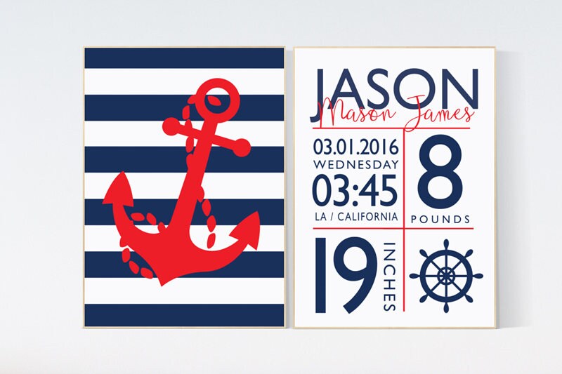 Nursery decor boy nautical, navy nursery decor, baby birth stats, Nautical decor, ocean nursery, under the sea nursery, navy red