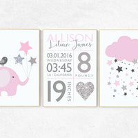 Pink and grey nursery decor, birth stats wall art, baby girl nursery wall art, pink silver nursery decor, pink silver, pink and gray