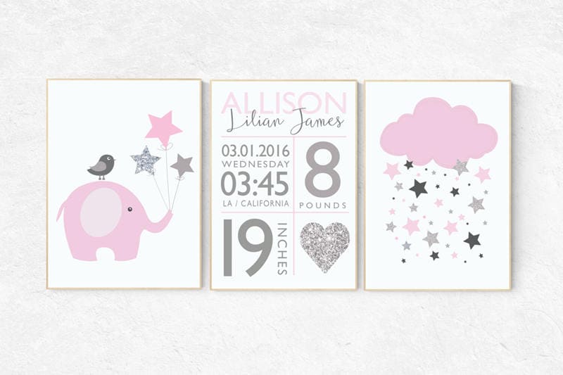 Pink and grey nursery decor, birth stats wall art, baby girl nursery wall art, pink silver nursery decor, pink silver, pink and gray