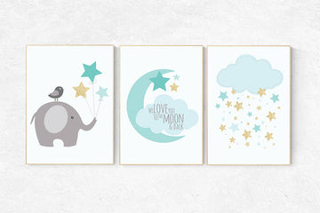 Mint nursery decor, mint and gold nursery wall art, we love you to the moon and back, elephant nursery hot air balloon nursery cloud nursery