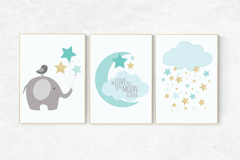 Mint nursery decor, mint and gold nursery wall art, we love you to the moon and back, elephant nursery hot air balloon nursery cloud nursery
