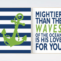 Nautical boy nursery, Navy green nursery decor, mightier than the waves, nautical baby room, Nautical Nursery Wall Art, whale nursery decor