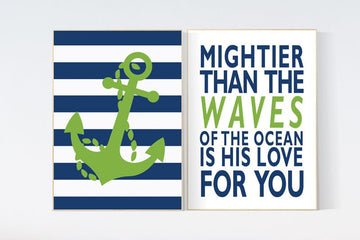 Nautical boy nursery, Navy green nursery decor, mightier than the waves, nautical baby room, Nautical Nursery Wall Art, whale nursery decor