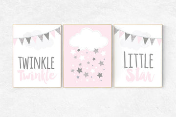 Nursery decor girl pink and gray, twinkle twinkle little star, , girls room decor, cloud and star nursery, pink and silver, pink nursery