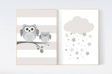 Owl nursery decor, gender neutral nursery, owl decor for nursery, beige and cream, cloud Nursery Decor Gray Beige gender neutral baby shower