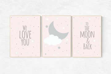 We love you to the moon and back, pink nursery art, star nursery decor, nursery decor, pale pink, moon nursery, baby girl nursery wall art