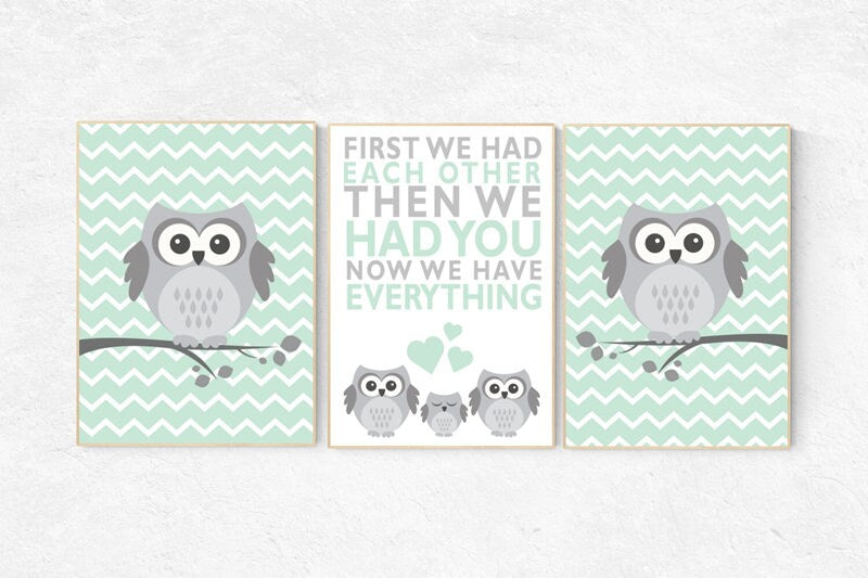 Owl nursery wall art, mint nursery decor, first we had each other then we had you, mint gray, owl room decor, owl nursery decor, kids room