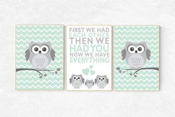 Owl nursery wall art, mint nursery decor, first we had each other then we had you, mint gray, owl room decor, owl nursery decor, kids room