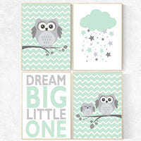 Owl nursery wall art, gender neutral nursery decor, mint nursery decor, dream big little one, mint gray, owl room decor, owl nursery decor