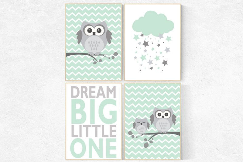 Owl nursery wall art, gender neutral nursery decor, mint nursery decor, dream big little one, mint gray, owl room decor, owl nursery decor