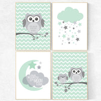 Gender neutral nursery decor, mint nursery decor, we love you to the moon and back, mint gray, owl room decor, Owl nursery wall art