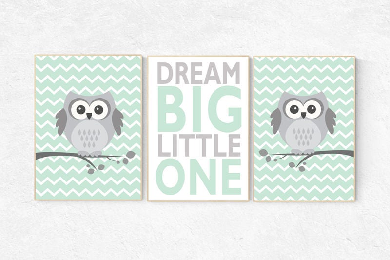 Mint nursery decor, dream big little one, Owl nursery wall art, mint gray, gender neutral nursery decor, owl nursery decor, nursery wall art