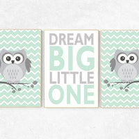 Mint nursery decor, dream big little one, Owl nursery wall art, mint gray, gender neutral nursery decor, owl nursery decor, nursery wall art