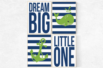 Nautical Nursery Art Print Set , Navy Blue, Green, dream big little one, whale nursery decor, baby boy nursery nautical prints nursery decor