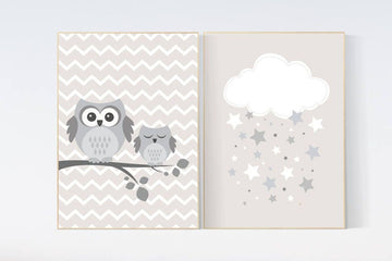 Gender neutral nursery, neutral nursery wall art, neutral nursery prints, owl nursery decor, owl print nursery, gray nursery cloud and stars