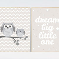 Gender neutral nursery, dream big little one, beige and cream, Nursery Decor, Gray Beige, nursery prints, Owl nursery wall art nursery decor