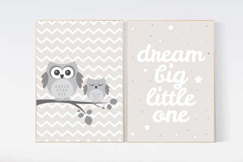 Gender neutral nursery, dream big little one, beige and cream, Nursery Decor, Gray Beige, nursery prints, Owl nursery wall art nursery decor