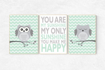 Owl nursery wall art, mint nursery decor, you are my sunshine wall art, mint gray, owl room decor, owl nursery, gender neutral nursery decor