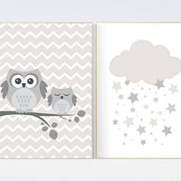 Owl nursery decor, gender neutral nursery, owl decor for nursery, beige and cream, cloud Nursery Decor Gray Beige gender neutral baby shower