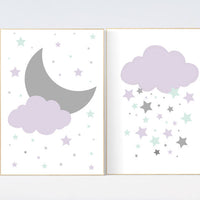 Lilac mint nursery decor, baby girl nursery, lilac and mint gray nursery, cloud nursery, girls room decor, purple mint star nursery decor