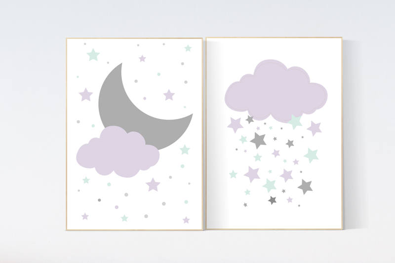 Lilac mint nursery decor, baby girl nursery, lilac and mint gray nursery, cloud nursery, girls room decor, purple mint star nursery decor