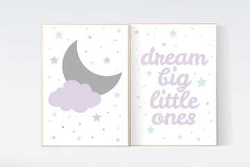 Lilac mint nursery decor, baby girl nursery, lilac and mint gray nursery, cloud nursery, girls room decor, purple mint, dream big little one