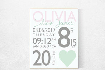 Nursery name sign, name sign, birth stats wall art, birth stats sign, nursery decor girl, nursery decor personalized, baby birth stats