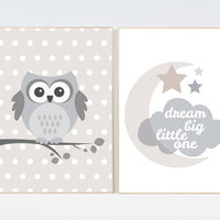 Gender neutral nursery, dream big little one, beige and cream, Nursery Decor, Gray Beige, nursery prints, Owl nursery wall art nursery decor