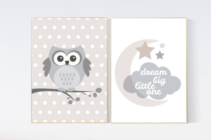 Gender neutral nursery, dream big little one, beige and cream, Nursery Decor, Gray Beige, nursery prints, Owl nursery wall art nursery decor