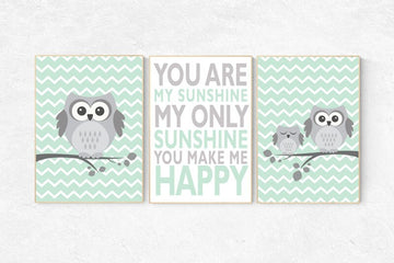 Owl nursery wall art, mint nursery decor, you are my sunshine wall art, mint gray, owl room decor, owl nursery, gender neutral nursery decor