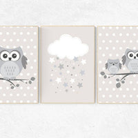Nursery decor boy brown, Gender neutral nursery, owl nursery decor, Nursery Decor, Gray Beige gender neutral baby, brown nursery wall art