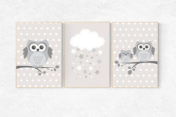Nursery decor boy brown, Gender neutral nursery, owl nursery decor, Nursery Decor, Gray Beige gender neutral baby, brown nursery wall art