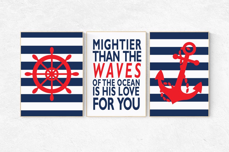 Nautical boy nursery, mightier than the waves, nautical baby room, Nautical Nursery Art, Navy red Nursery Decor, navy nursery, nautical kid