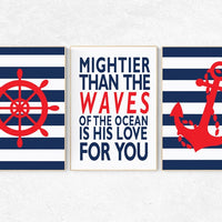 Nautical boy nursery, mightier than the waves, nautical baby room, Nautical Nursery Art, Navy red Nursery Decor, navy nursery, nautical kid