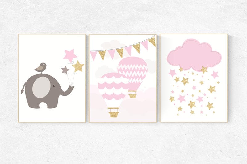 Pink gold nursery, elephant nursery, pink and gold baby shower, hot air balloon nursery, girls nursery room, nursery wall art, set of 3
