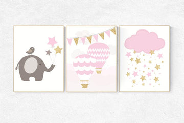 Pink gold nursery, elephant nursery, pink and gold baby shower, hot air balloon nursery, girls nursery room, nursery wall art, set of 3