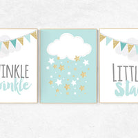 Twinkle Twinkle Little Star, Mint gold nursery decor, elephant nursery, cloud nursery, gender neutral baby, Mint and gold nursery room